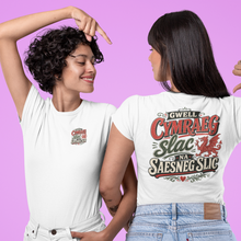 Load image into Gallery viewer, Two people wearing white t-shirts with text and graphics on a pink background