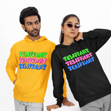 Load image into Gallery viewer, A man and a woman modeling matching graphic hoodies in a studio setting. The man wears a bright yellow hoodie with the text 'TELIFFANT' in green, pink, and blue.