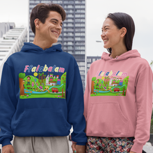 Load image into Gallery viewer, A man and a woman standing outdoors and smiling at each other, wearing matching pullover hoodies with a colorful cartoon landscape graphic on the chest and the word 'Ffalabalam' across the top. The man's hoodie is navy blue, and the woman's is light pink.