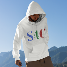 Load image into Gallery viewer, A man wearing a white pullover hoodie with a colorful 'S4C' graphic on the chest, standing outdoors against a backdrop of blue sky and mountains.