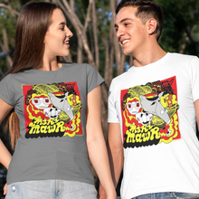 Load image into Gallery viewer, A man and a woman standing outdoors holding hands, wearing matching graphic t-shirts with a 'Miri Mawr' design. The woman's shirt is dark gray and the man's shirt is white, both featuring a colorful graphic of a ghost with skull face and Māori-inspired text.