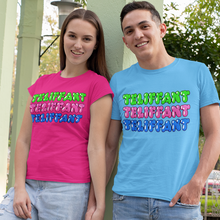Load image into Gallery viewer, Two models posing outdoors in a park setting, wearing matching graphic t-shirts. The woman on the left wears a bright pink t-shirt with 'TELIFFANT' printed in green, pink, and blue.