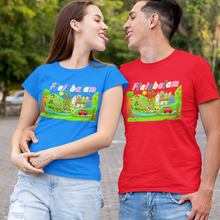 Load image into Gallery viewer, A couple standing on a paved outdoor path wearing matching graphic t-shirts. The woman wears a bright blue t-shirt with a colorful landscape graphic and the text 'Ffalabalam', paired with ripped light-wash jeans and white sneakers.